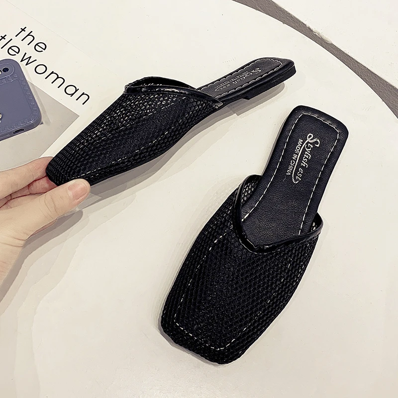 Summer Women Slippers Sexy Mesh Mules Indoor Home Slides Square Toe Female Flats Shoes Outdoor Clogs Beach Sandals Flip Flops 43