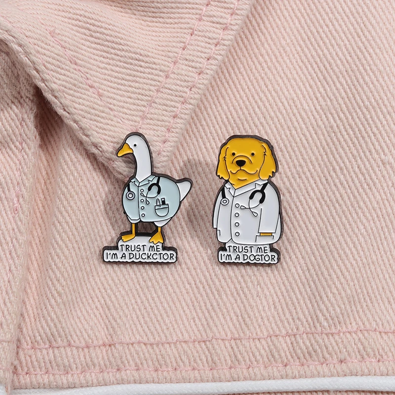 2pcs Dog Duck Animal Enamel Pins Trust Me I'm A Dogtor Duckctor Pun Brooches Backpack Collar Lapel Badge Cute Accessories Gift