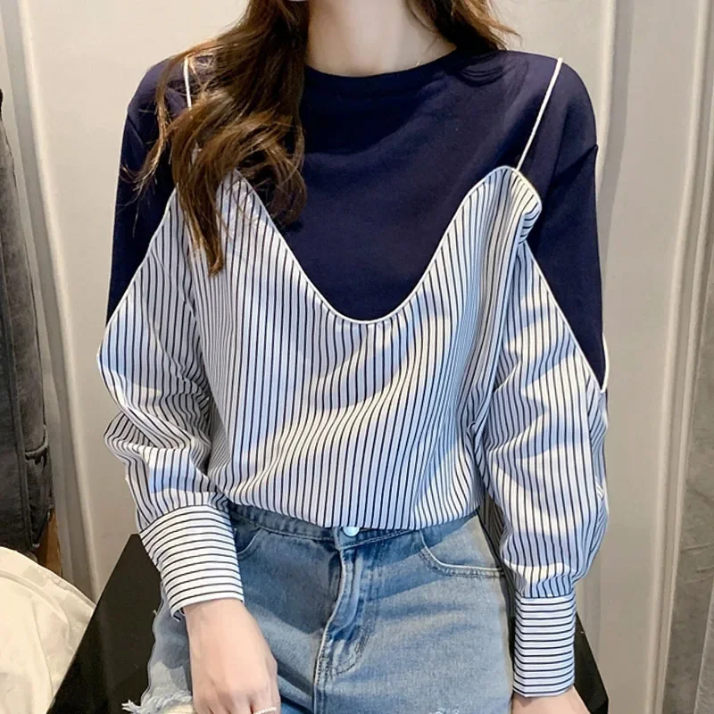 Blusa informal de manga larga Para Mujer, camisa de retales con cuello redondo, M190