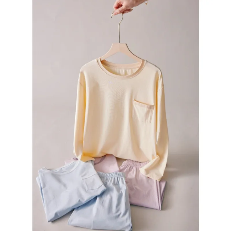 

Women's Cotton Pajamas Set Spring Round Neck Long Sleeve Tops,Elastic Waist Long Pants Casual Color Block Pocket Homewear