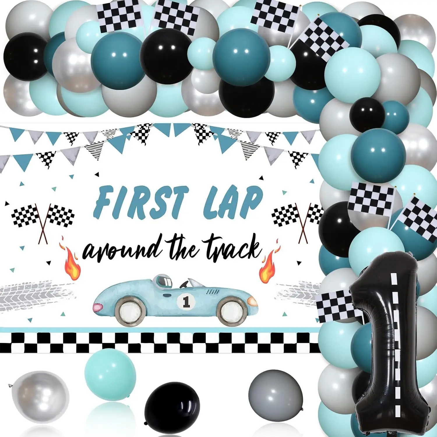 Race Car Backdrop with Balloon Garland Kit, First Trip Supplies, First Birthday Party Decorations, Boys, First Trip, Fast One