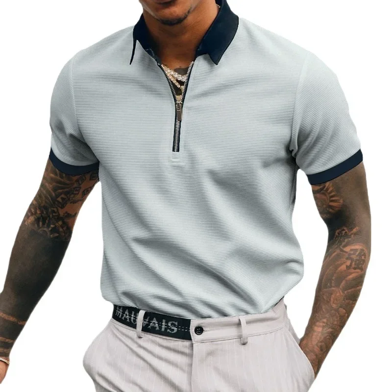 Summer Solid Casual Gentmen Polo Shirts Half Zipper Turn-down Collar T Shirts Men Slim Fit Short Sleeve Business Tops Male Shirt