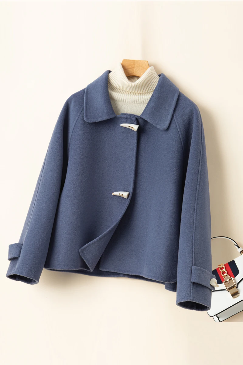 Autumn and Winter New 100% Pure Wool Double sided Coat Women\'s Short Horn Button Doll Neck High end Wool Fabric Solid Color Coat