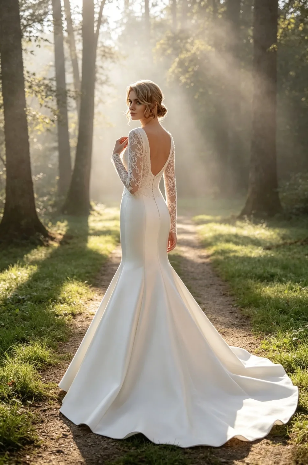 Customized Vintage V-neck Long Sleeved Lace Satin Mermaid Wedding Dress for Elegant Backless Slim Fit Bridal Gown with Decals