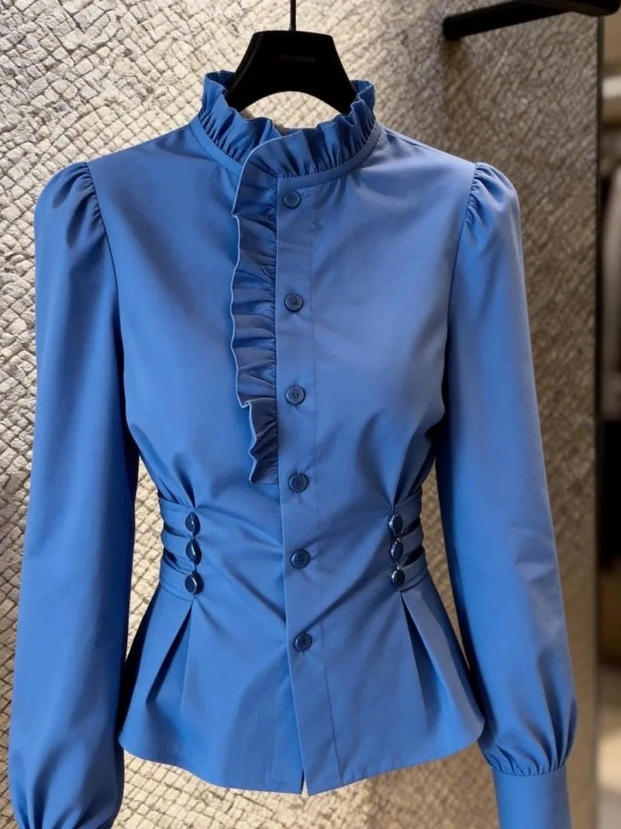 

Elegant Blue Shirt Women's Slim Fit Waist Cinching Stylish Commute Top High Quality Fashionable Beautiful Spring 2026