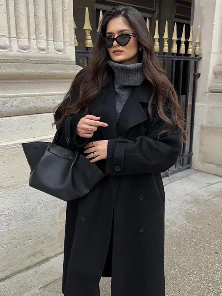 2024 Chic Black Double-breasted Woolen Overcoat With Belt Women Fashion Lapel Collar Long Sleeve Coat Fall Lady New Streetwear ﻿