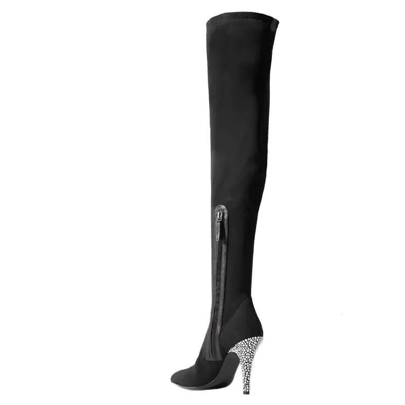 Sexy Rhinestone Drilled High Heels Over Knee Boots Stretch Suede Point Toe Zipper Slim Leg Winter Boots Women Thigh Boots