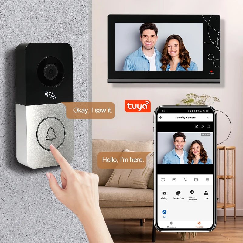 WiFiビデオインターホン 1080Pスマートドアベルカメラ ビデオ録画 双方向音声 Tuyaスマートホームアプリ ロック解除 4線式ビデオドアホン