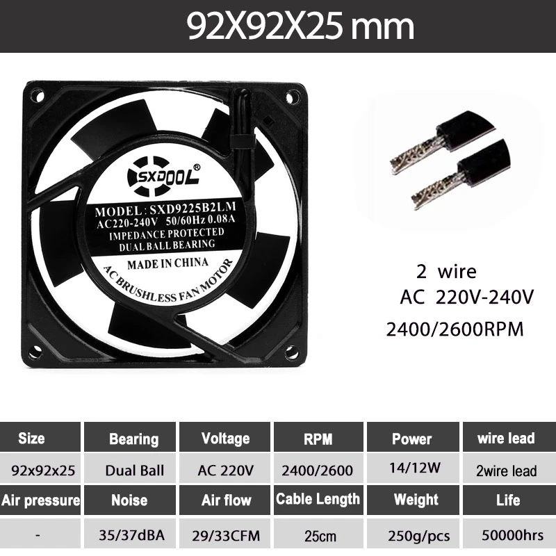 1pcs New SXDOOL 92mm Ventilator Fan 90mm 9cm Dual Ball Bearing AC 220V 240V Exhasut Fan 92mm 92mm x 25mm AC Axial Fan 2400RPM