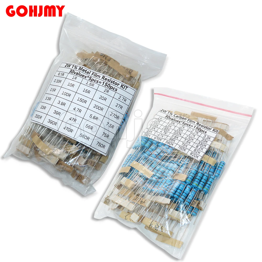 150PCS/set 1% 2W 0.1R~750R 1K~820K Ohm Metal Film Resistor Kit  30 Value Assorted Resistor Pack Set Diy Set of Resistors