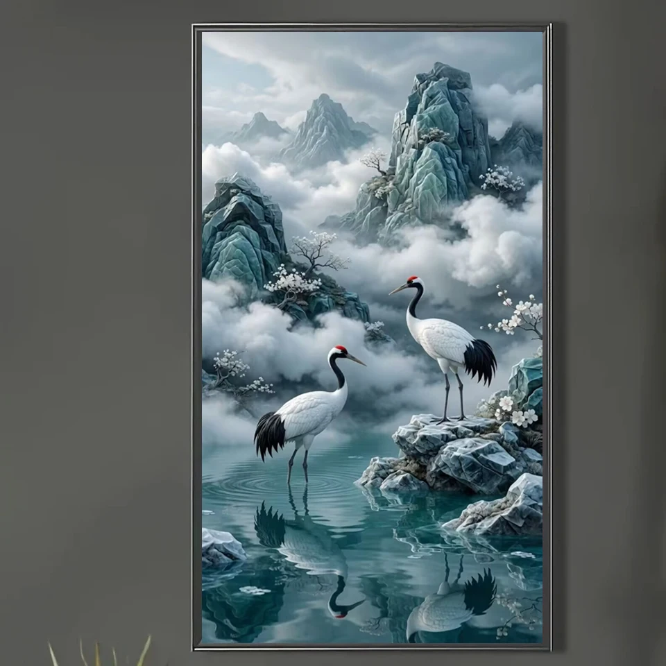 5D Diamond Painting Jewelry Cross Stitch Kit Red-crowned Cranes Mountain Landscape Full Diamond Art Embroidery Mosaic Home Decor