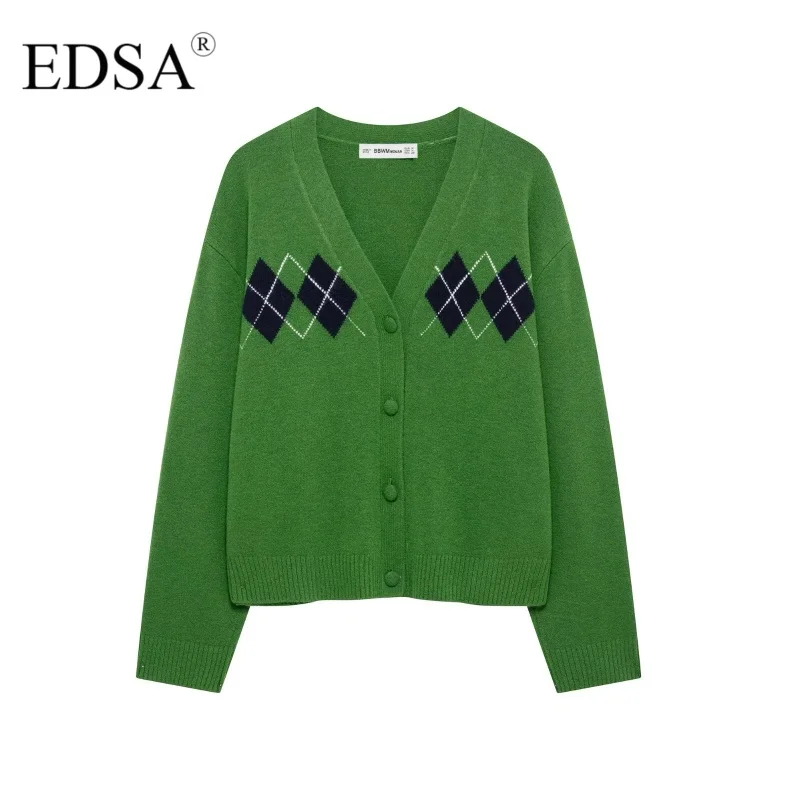 EDSA Women Green Argyle Knit Cardigan V-Neck Long Sleeves Single Breasted Sweater Matching Covered Buttons Top