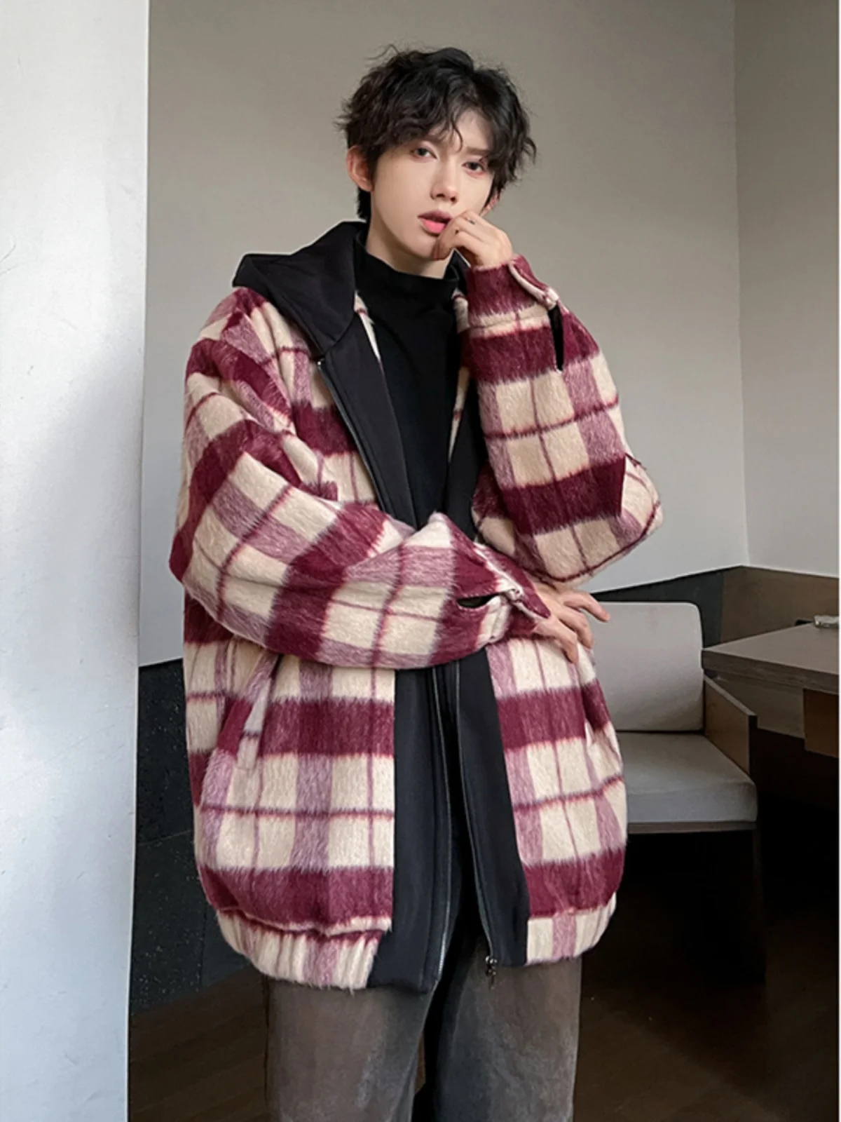 

Anclark Men's Thiened Woolen Jaet Autumn Winter Faion Brand Sli Fake Two-Piece Knitted Woolen Material Jaet