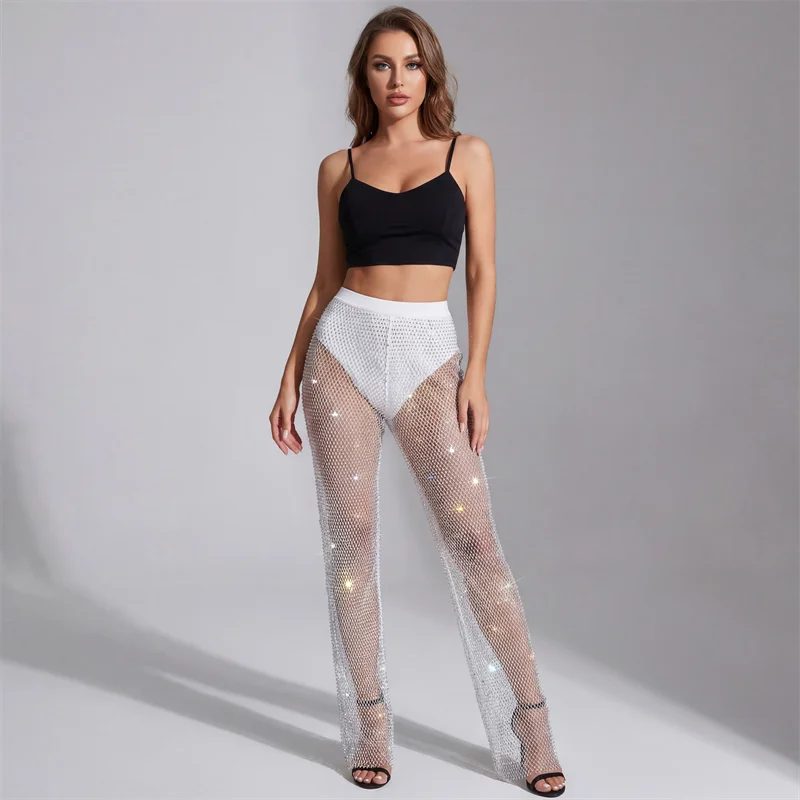 Damen High-Waist Strass-Netzhose Funkelndes Kristallnetz-Design Sexy Party Clubwear Dehnbare Netzleggings – Detail 2
