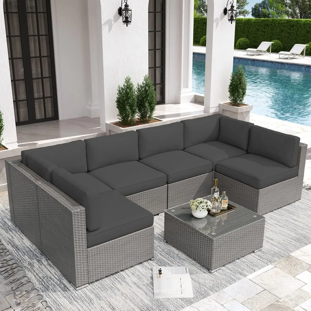 

7-Pieces Outdoor Patio Furniture Set,Glass Coffee Table and Washable Seat Cushion All-Weather Grey Wicker Rattan Sectional Sofa