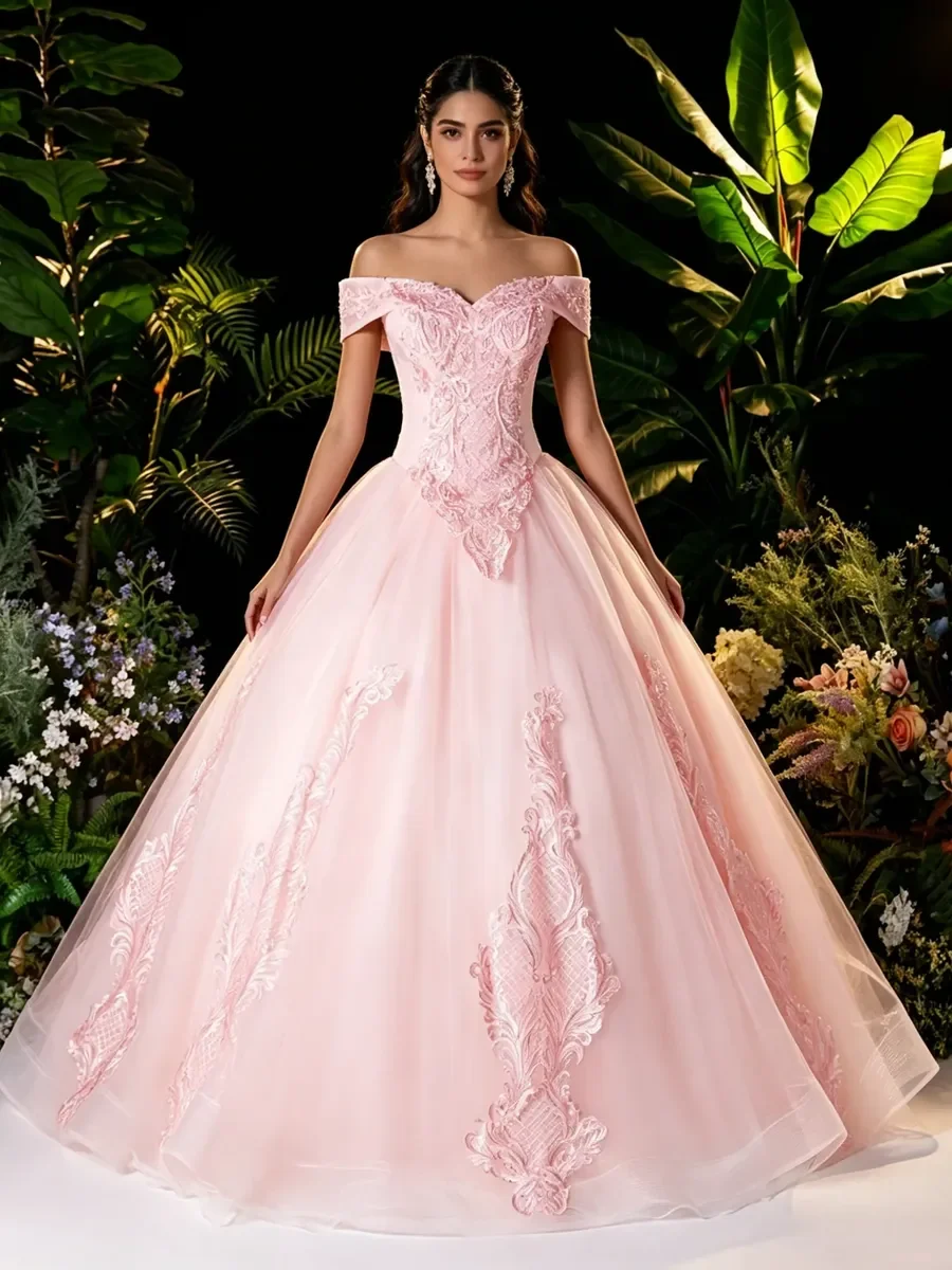 Women Blush Pink Off Shoulder Floral Tulle Ball Gown Lace Up Back Graduation Stage Contest Wedding Guest Evening Formal Dress