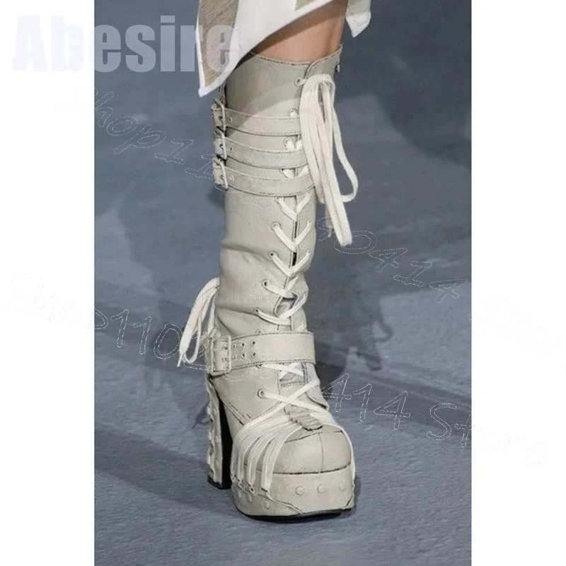 

Purple Strappy Black Buckle Decor Platform Boots Side Zipper Women Shoes Chunky High Heels Party Runway 2025 Zapatos Para Mujere