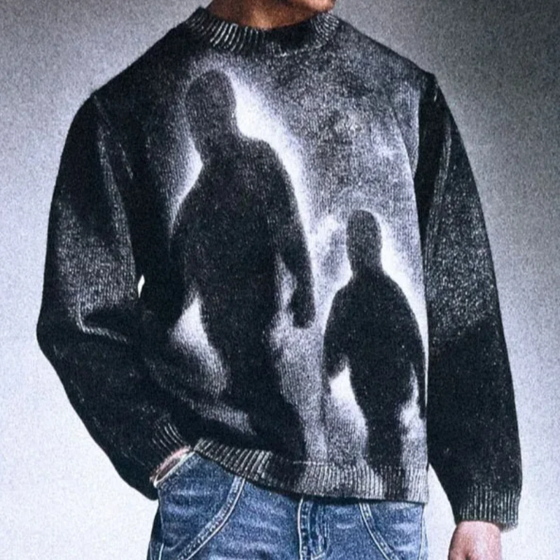 European Gradient Abstract Artistic Portrait Pattern Loose Knit Pullover High Street Punk Gothic Round Neck Long Sleeve Sweater