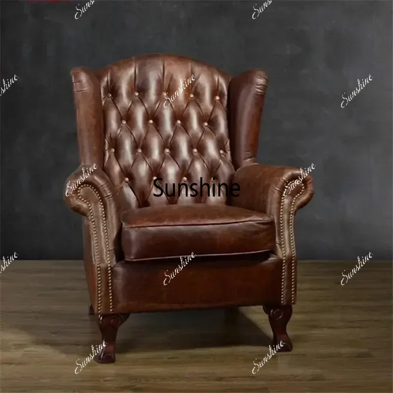 American retro old wax oily brown living room single sofa hotel clubhouse tiger chair model room high back chair