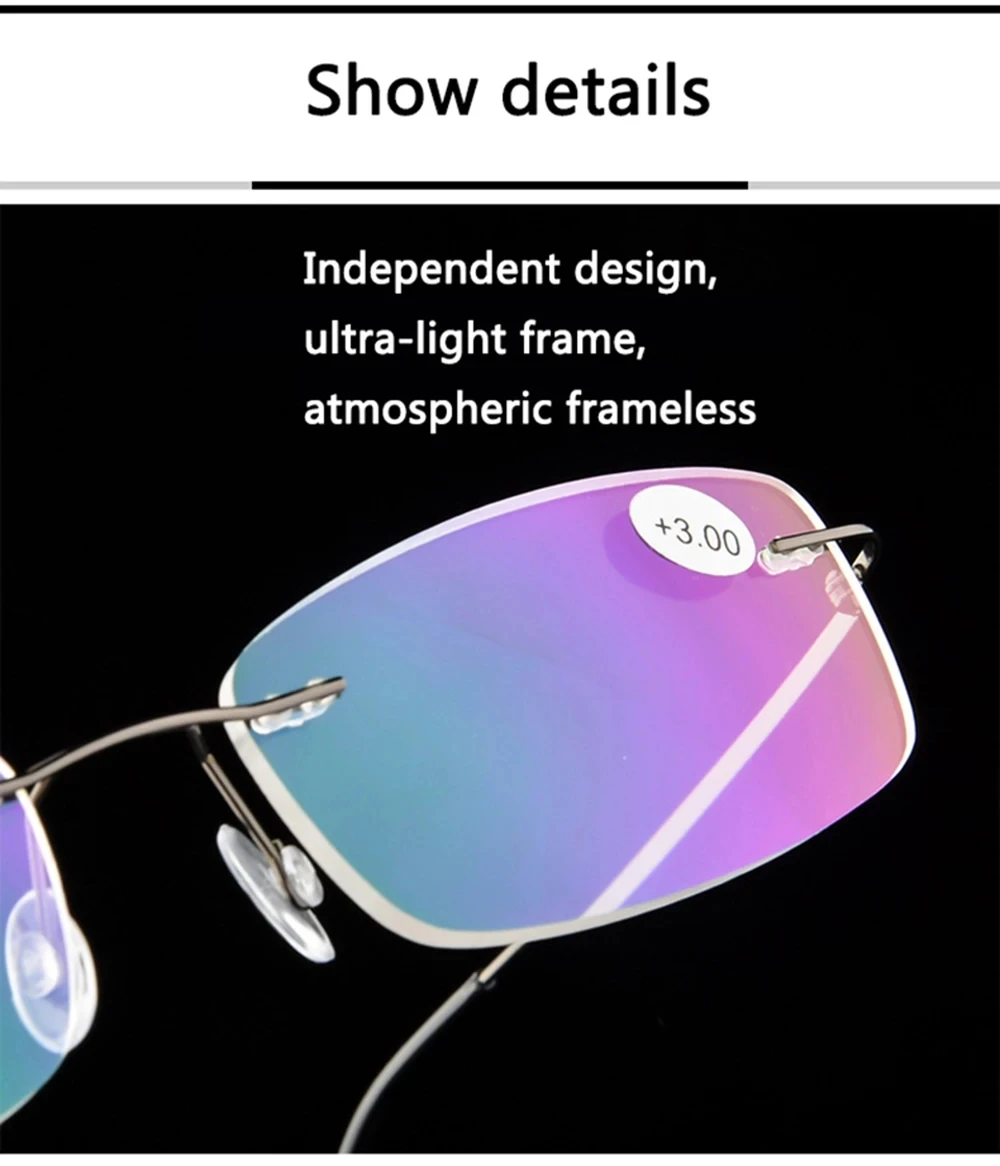 Blaulichtblockierende, ultraleichte TR90-Speicher-Titan-Randlose Lesebrille für Herren und Damen, Presbyopie-Brille +1,0 +1,5 +2,0 – Detail 9
