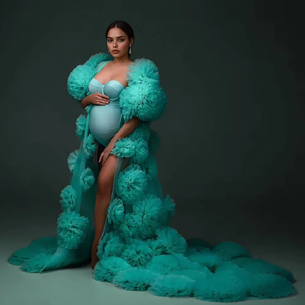 Unique Ruffled Tulle Pregnancy Photo Shooting Dress Sheer Bathrobe 3D Flowers Maternity Dresses for Photoshoot Photography Dress