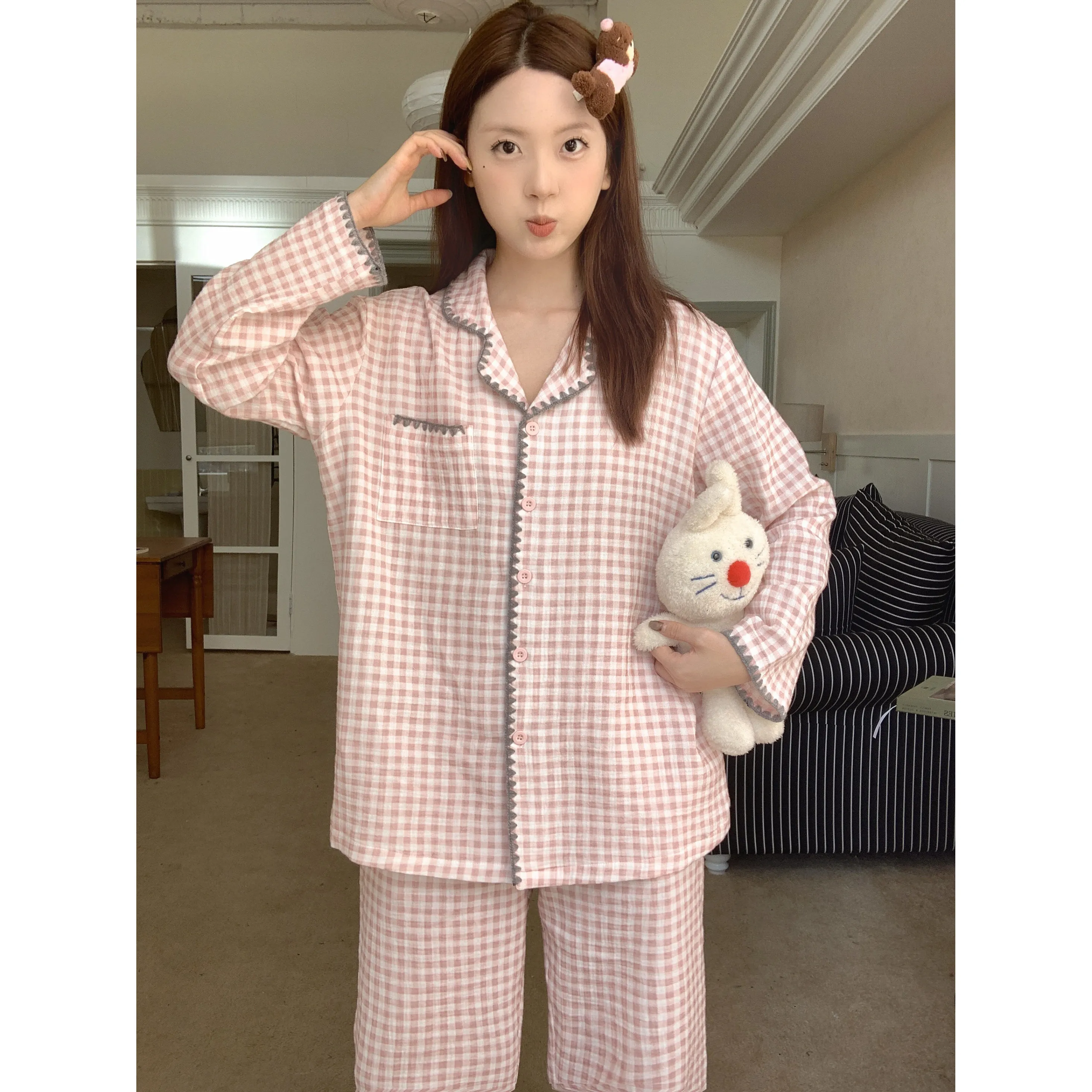 

2026 New Gentle Style Women's Sleepwear Cotton Pink Grid Home Clothes Set Long Sleeve Mid-length Casual Sweet Cute Trend