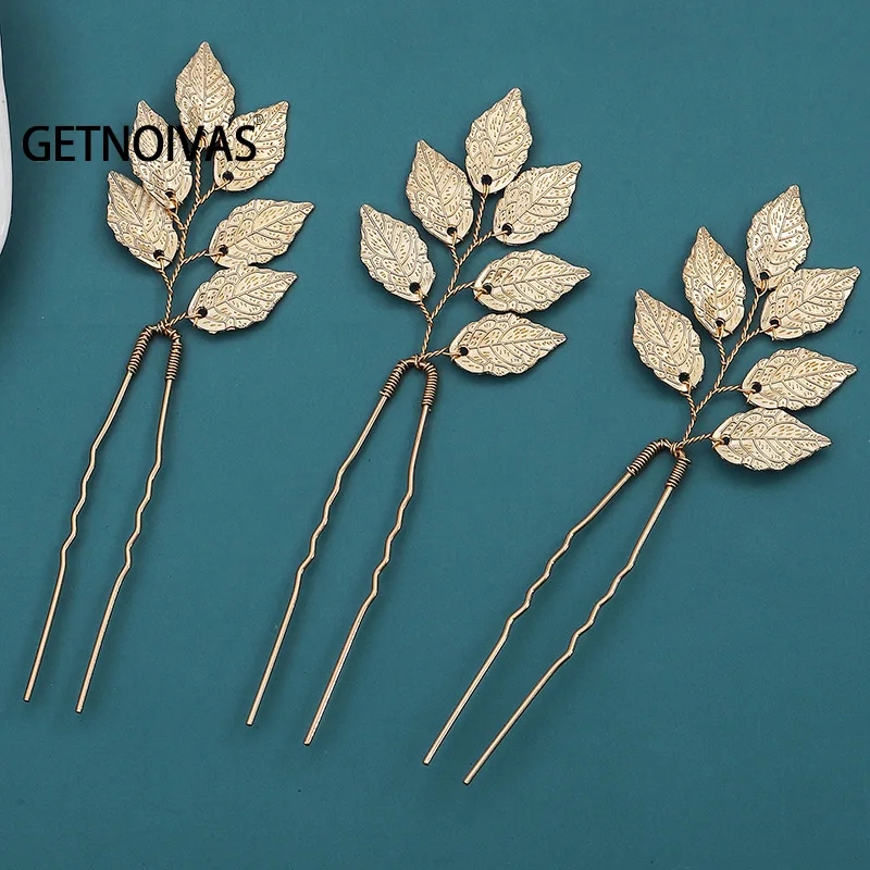 Sweet U Shape Hairpin Vintage Hair Accessories Gold Color Leaf Headdress for Bride Bridesmaid Wedding Banquet Bridal Headwear