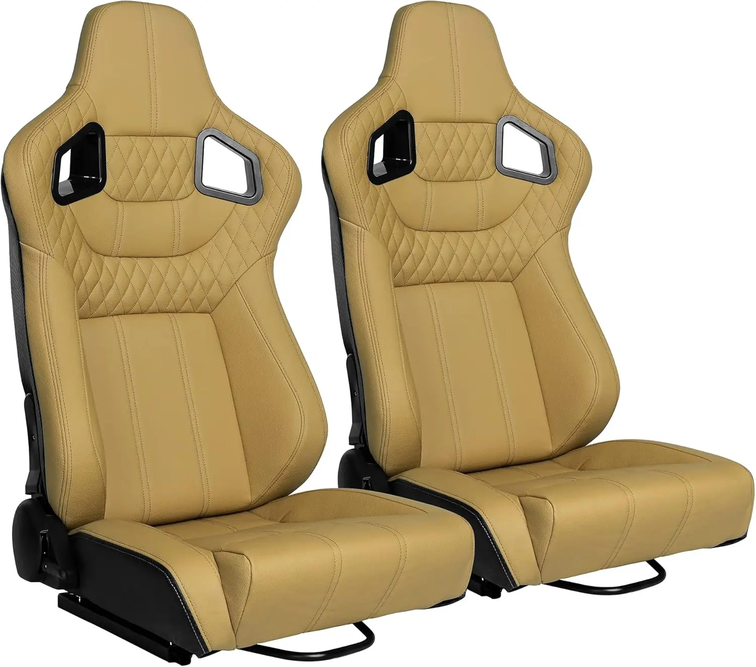 Racing Seats, Updated Pair of PVC Leather Racing Bucket Seats with Dual Sliders, Beige with Beige Stitching