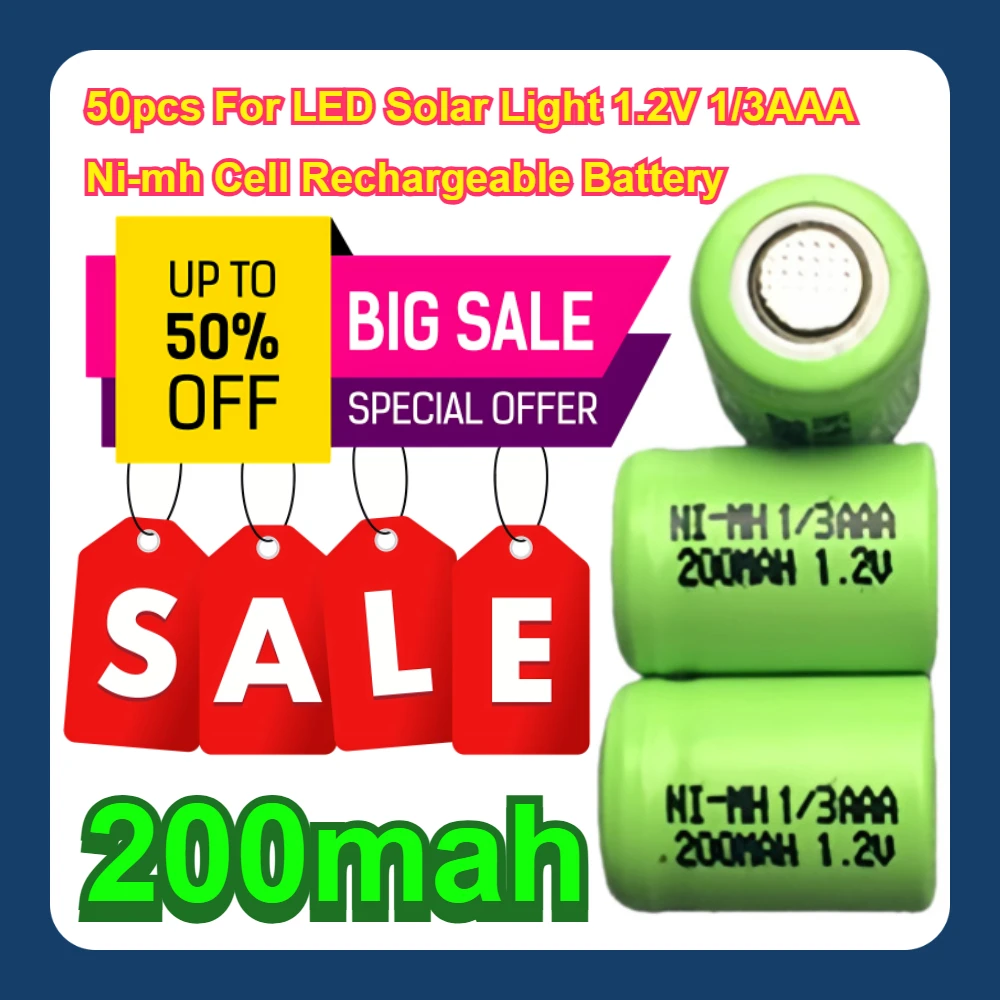 200mah 50pcs For LED Solar Light 1.2V 1/3AAA Ni-mh Cell Rechargeable Battery