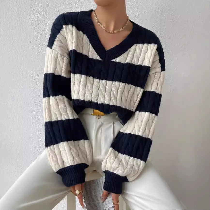 Autumn Long Sleeve V Neck Tops Loose Stripes Knitted Sweater T Shirt 2025 Fashion Pullover Harajuku Women Clothing Jumper