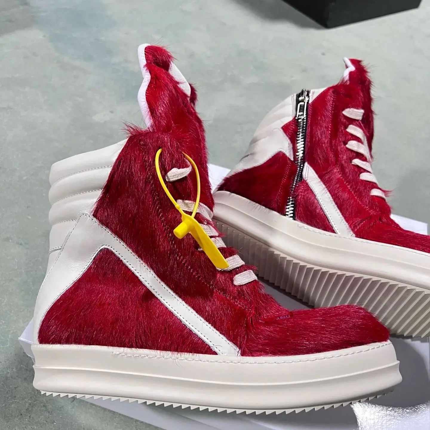 Ricks Shoe Men Horse Hair Boot High Top Shoes Women Sneaker Owens Casual Shoes Men Shoe Zipper Red Horsehair Flat Ankle Boots