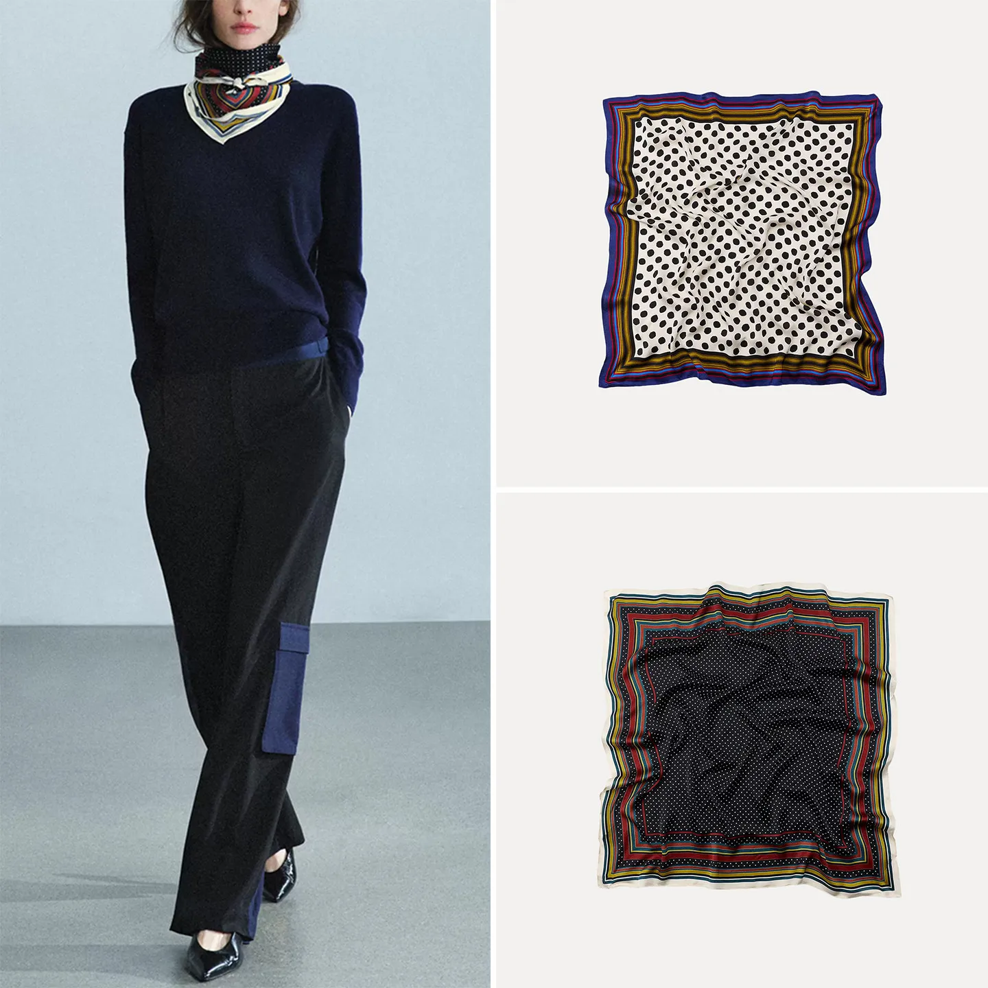 Women's Thin Printed Scarf 2026 Autumn Season Color Block Line Trim Polka Dot Pattern Casual Square Shape Fashion Accessory