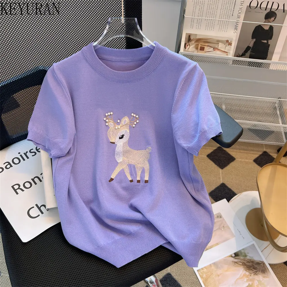 Summer Animal Embroidery Short Sleeve Sweater Women Knit T-Shirt Simple Casua O-Neck Peals Beading Pullover Knitted Tops Purple