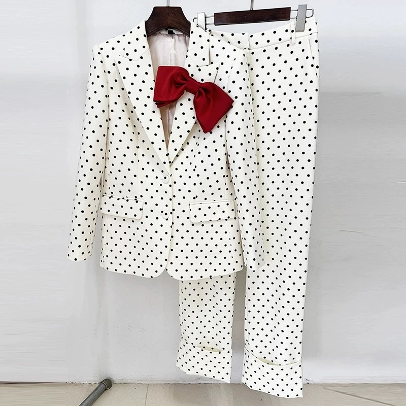 

Spring And Autumn New Fashionable Commuter Bow Decoration Polka Dot Long Sleeve Suit Jacket Long Pants Set Two Piece Set