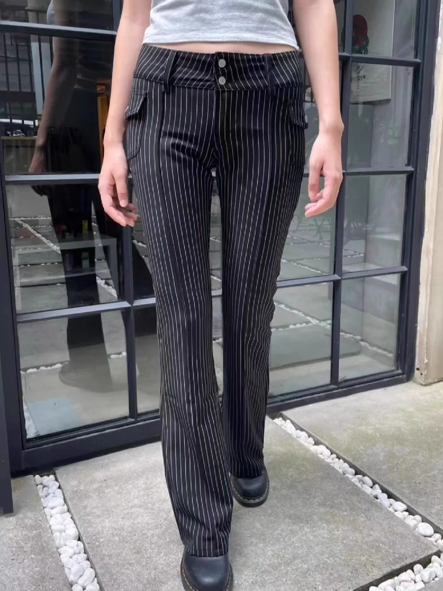 Black Stripes Pockets Slim Boot Cut Long Pant Summer Woman Low Waist Buttons Vintage Trousers 2023 New Fashion Streetwear Pants