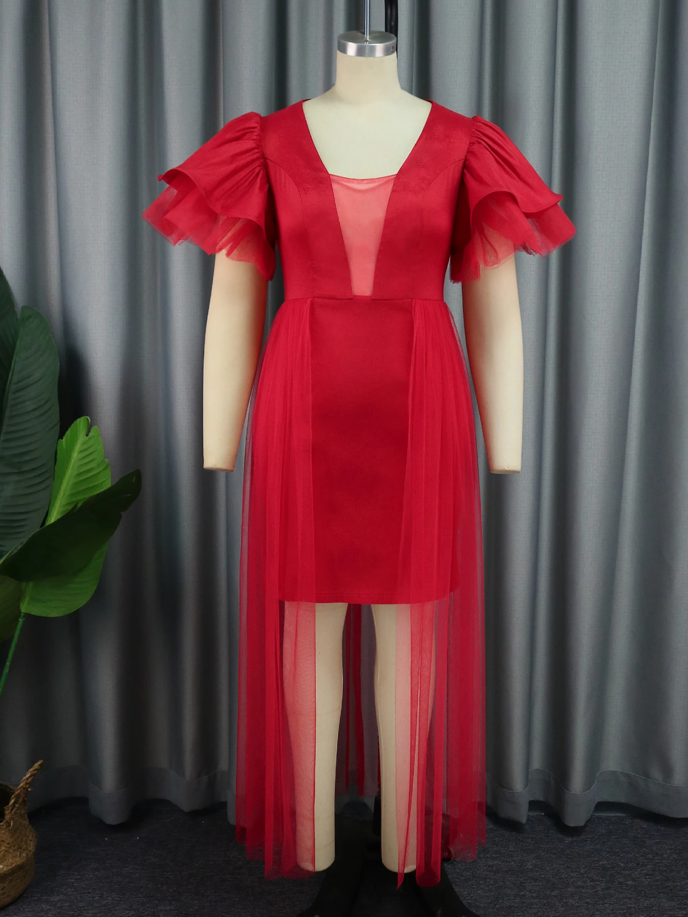 Sexy Red Party Prom Dress with Cape Overskirt Sheer Deep V Neck Puff Layered Sleeves Summer Dresses for Women Special Occasion