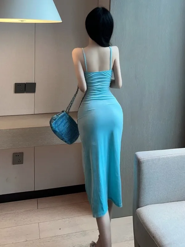 하늘색 긴 원피스 섹시한 V넥 스플릿 벨벳 맥시 원피스, 우아한 패션, 불규칙한 패션, 섹시한 코레나 여성 상의, D020