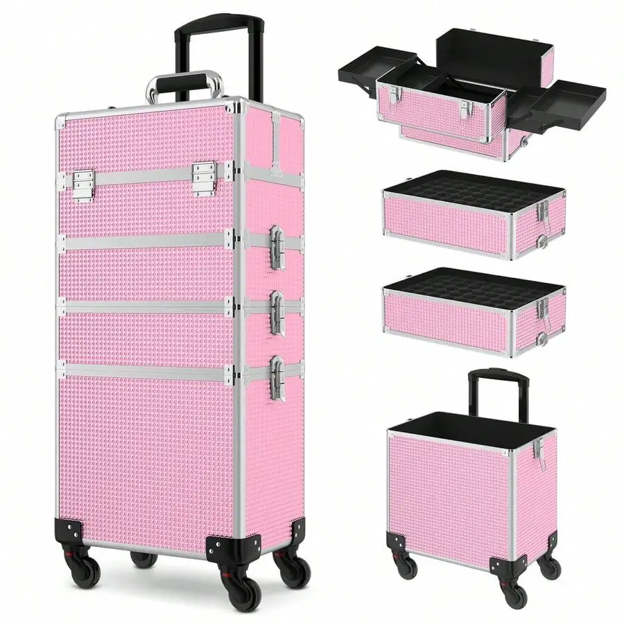 Rolling Makeup Train Case 4in1 Cosmetic Trolley Organizer Travel Lockable Salon Barber Cart Trunk With Wheels For Women Hairstyl