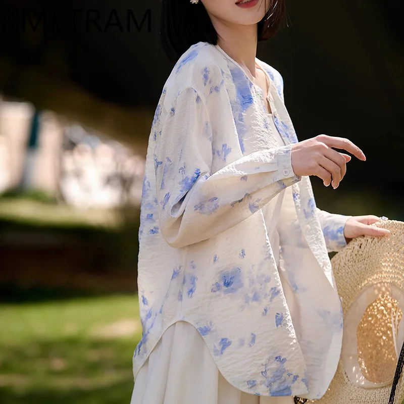 KMETRAM Natural Mulberry Silk Blouse Woman Round Neck Summer Tops for Woman Clothes High Quality Shirts Woman Tops Femme 2025