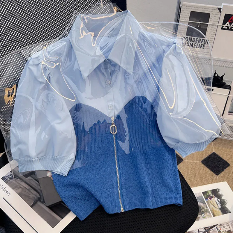 Camicia lavorata a maglia estate nuova francese dolce cucitura colletto POLO unico e chic risvolto manica corta finta due camicie