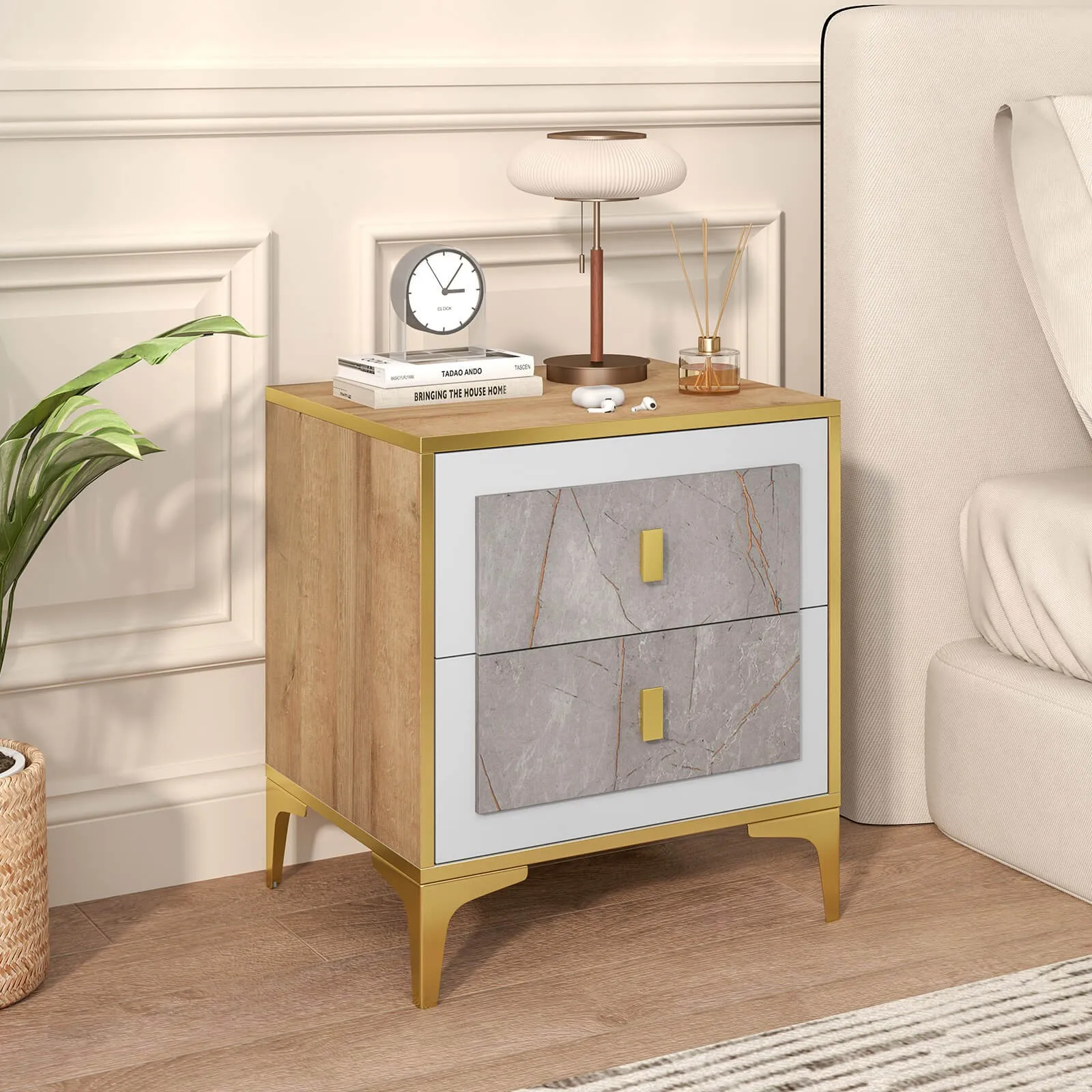 

Nightstand with Storage Faux Marble Surface Accent Table w/ 2 Pull-out Drawers
