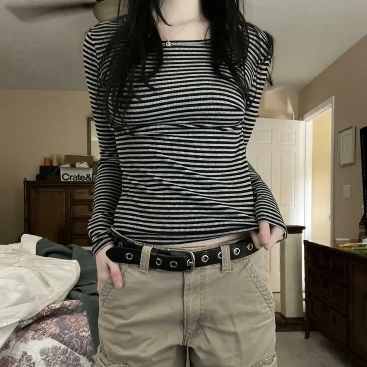 

Женский винтажный Ретро-топ Combhasaki Y2K, укороченный Топ с длинным рукавом, Полосатый пуловер с круглым вырезом, готические облегающие Топы