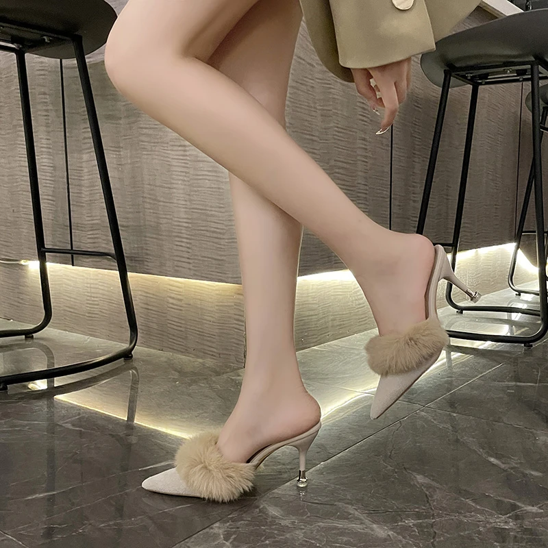 2023 New Furry High Heel Single Shoes Female Winter Wear Plus Velvet Net Red Winter Slippers in Ins with Pointed Head Half Drag