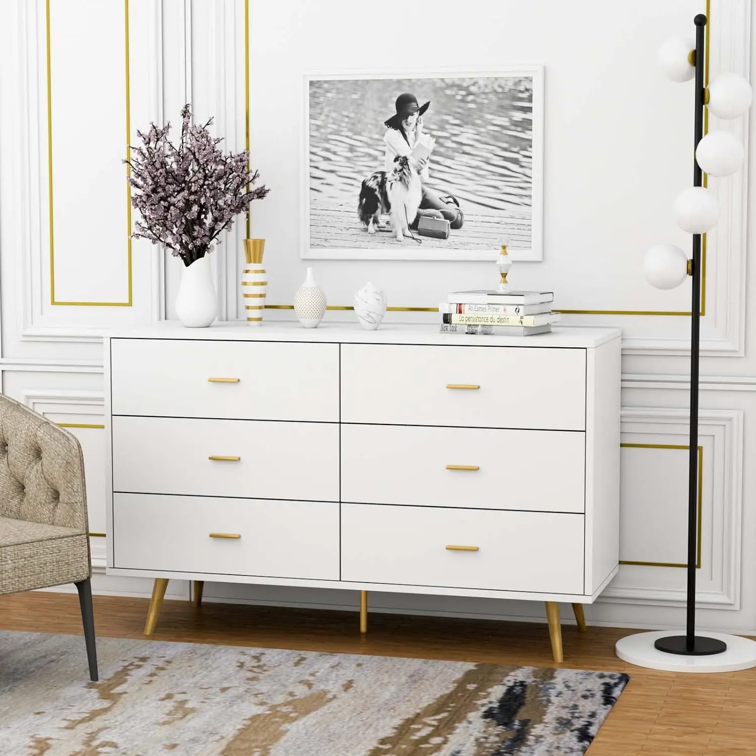 6 Drawer Dresser, Modern Wood Dresser for Bedroom with Wide Drawers and Metal Handles, Storage Chest of Drawers for Living Room