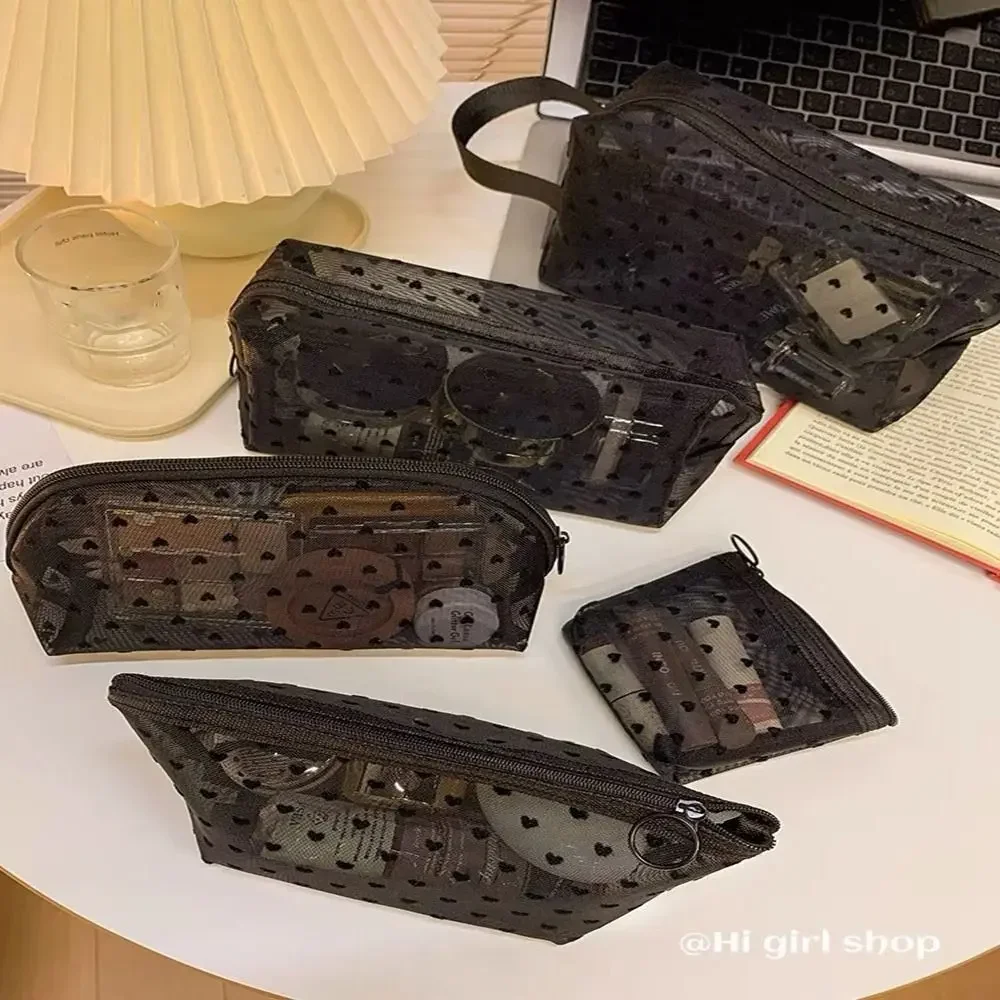 심장 투명 메쉬 메이크업 가방 다기능 휴대용 숙녀 세면 용품 보관 가방 블랙/핑크 립스틱 주최자 가방