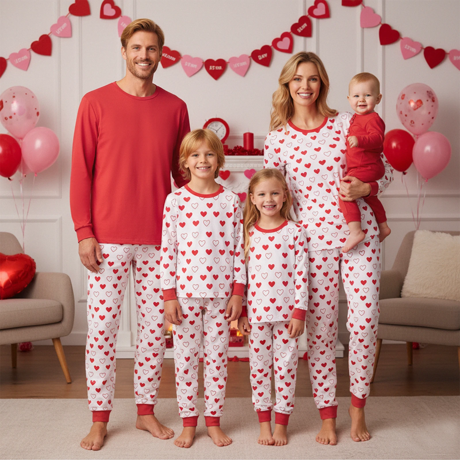 Conjuntos de pijamas a juego para la familia Hirigin, pijamas de manga larga con bonitos corazones para el día de San Valentín, pijamas para parejas, niños, familia, regalos