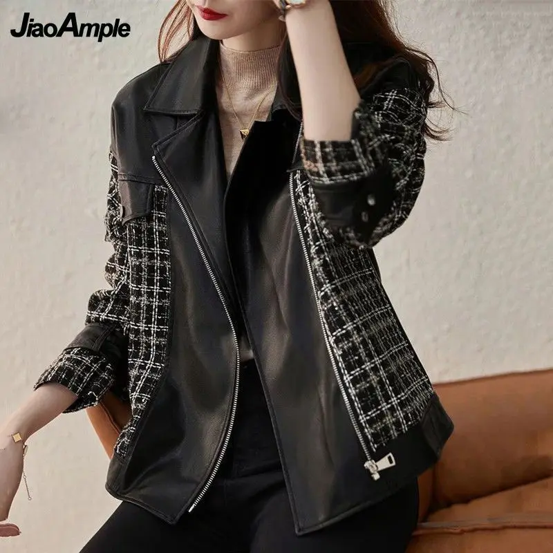 

Autumn Winter Women's Fashion Plaid Jacket Korean Trendy Patchwork PU Leather Coats Lady Personality Outerwear Streetwear Female