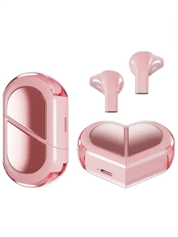 Pink Heart Wireless Earbuds for Girls Cute Small Earphones Hifi Stereo Sound Bluetooth Headsets Touch Control Gaming Handphones
