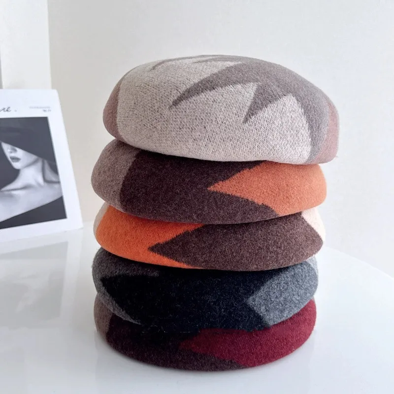 Geometric Color Block Beret Women Autumn and Winter Warmth Wool Knitted Beret Hat Abstract Collision Color Painter's Hat