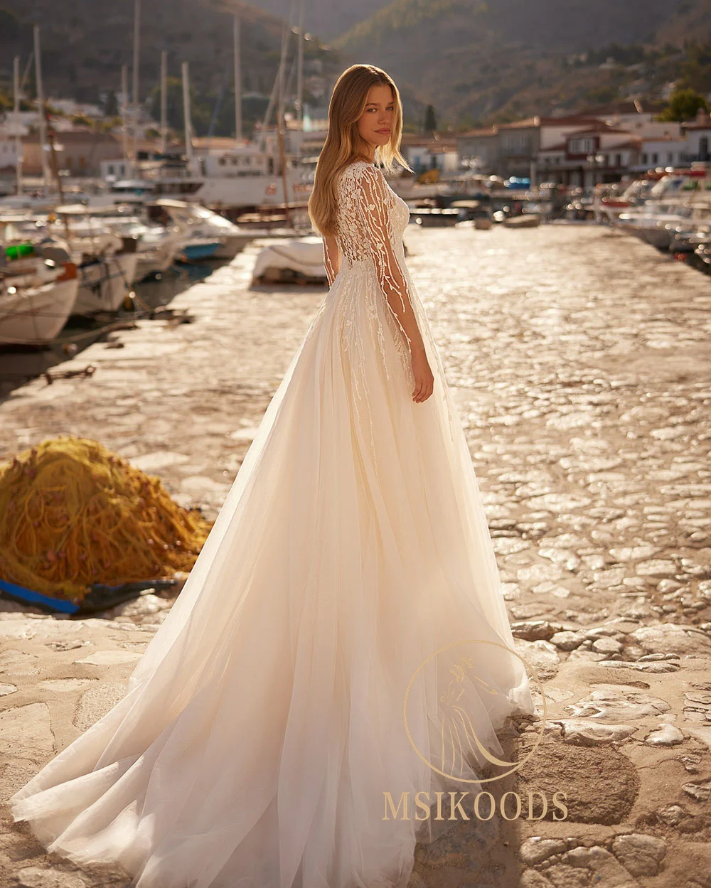 Msikoods 웨딩 드레스 Boho Illusion 긴 소매 Tulle a 라인 신부 드레스 공주 레이스 아플리케 신부 웨딩 드레스 맞춤형